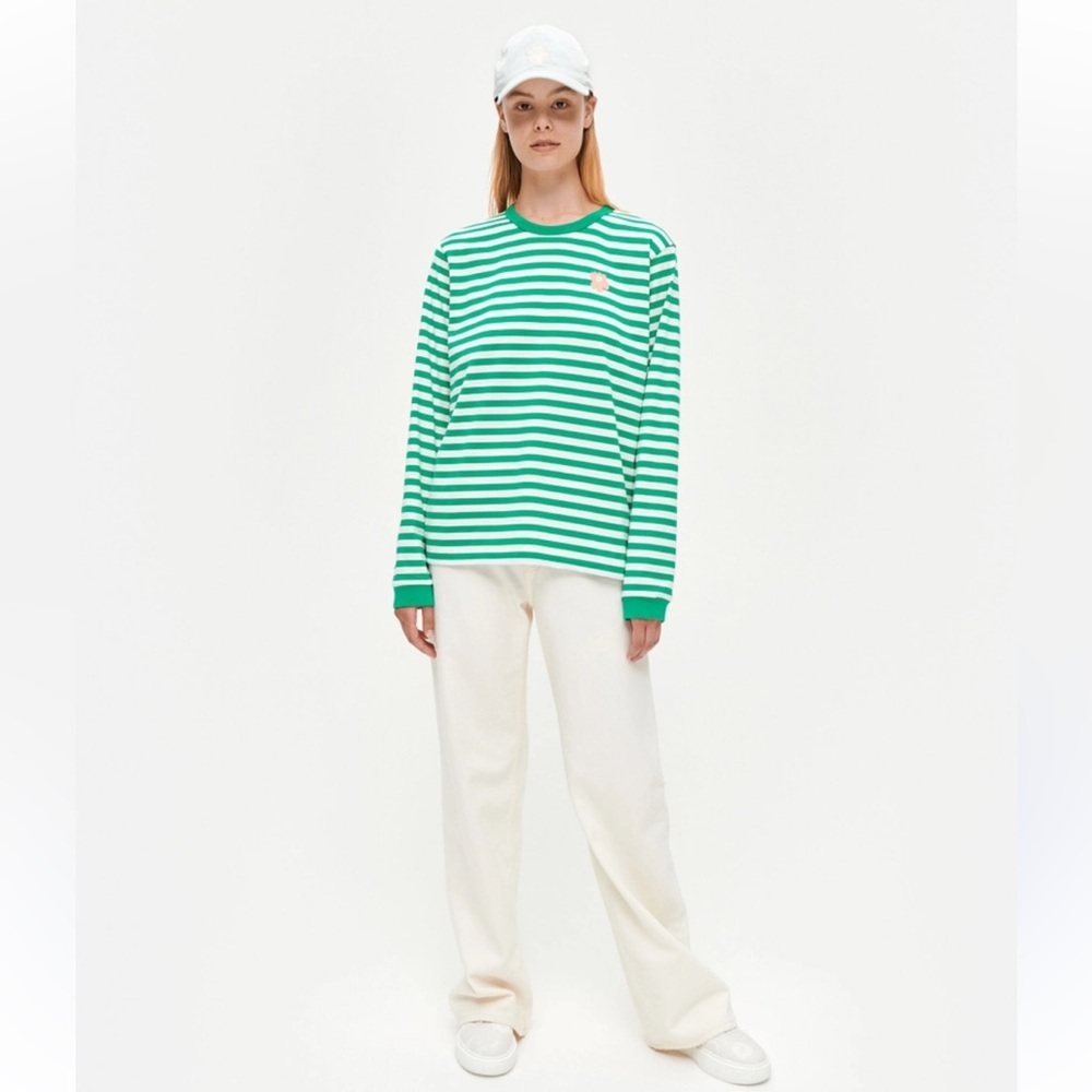 Marimekko Kioski Green Striped Long Sleeve Tee Floral Logo Scandinavian
